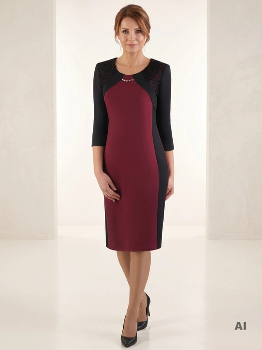 Elegancka sukienka midi o prostym kroju bordowo-czarna – modelujące sylwetkę wstawki z koronką 14700