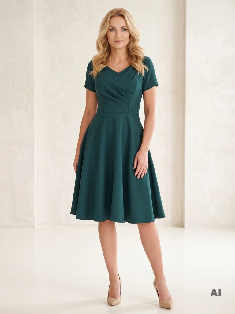 Elegancka sukienka rozkloszowana butelkowa zieleń – modelujący sylwetkę fason z zakładkami 19530
