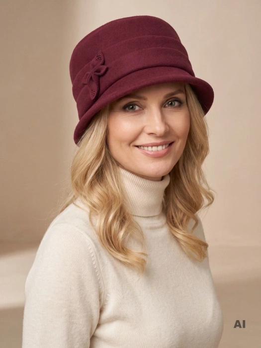Elegancki kapelusz damski zimowy cloche w kolorze bordowym – ocieplany fason z krótkim rondem 40903