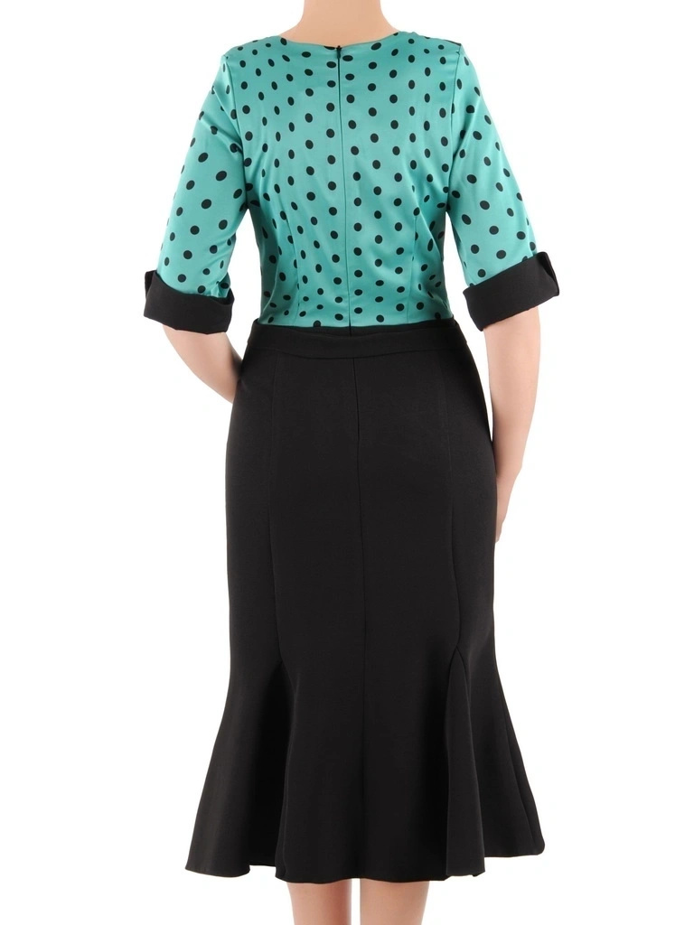 Elegancka czarna sukienka syrenka w zielone grochy – kobieco modelujący fason z paskiem 37474