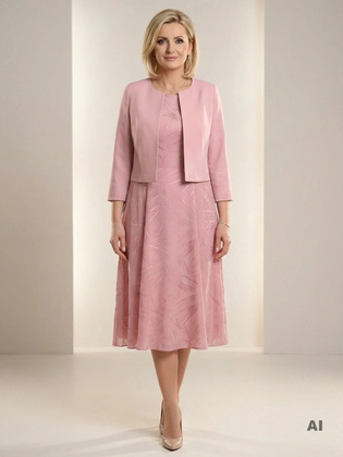 Elegancki komplet brudny róż midi z żakietem – rozkloszowana sukienka modelująca sylwetkę 41580