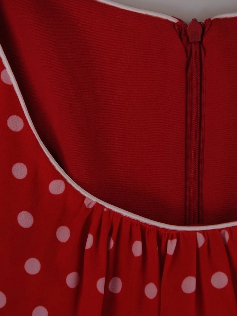Rozkloszowana czerwona sukienka midi w grochy – fason bez rękawów z marszczeniem modelujący talię 3321