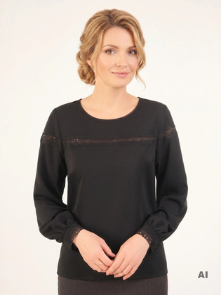 Czarna bluzka z koronkowym dekoltem w serce i mankietami, prosty fason – elegancka na biuro i codzienne wyjścia 31579