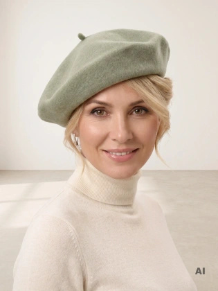 Elegancki beret wełniany damski w kolorze pastelowej zieleni – francuski szyk z antenką na jesień i zimę 40871