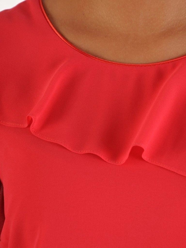 Koralowa sukienka wizytowa trapezowa z falbaną – elegancka kreacja na wesele i rodzinne przyjęcia 22956