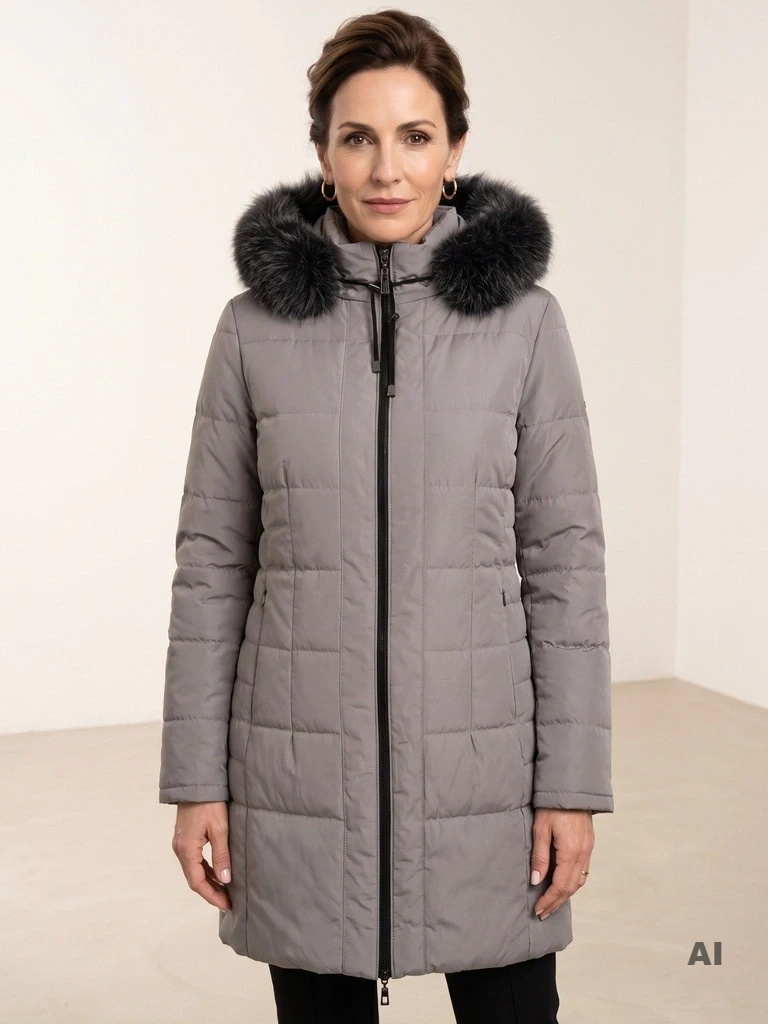 Ciepła kurtka damska na jesień i zimę – odpinany kaptur z puszystym wykończeniem 42554