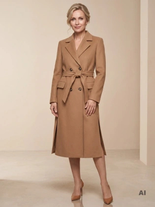 Elegancki płaszcz zimowy damski karmelowy – ocieplany fason z paskiem podkreślającym talię 42343