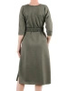 Elegancka sukienka khaki trapezowa z paskiem i rękawem 3/4 – swobodny krój midi z bocznymi rozcięciami 39476