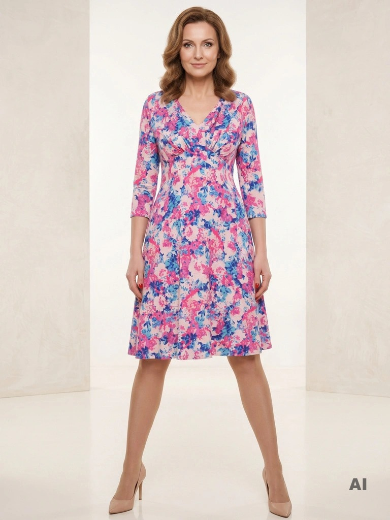 Wielokolorowa sukienka w kwiaty z rękawem 3/4 – rozkloszowany fason z subtelnym dekoltem serek 35504