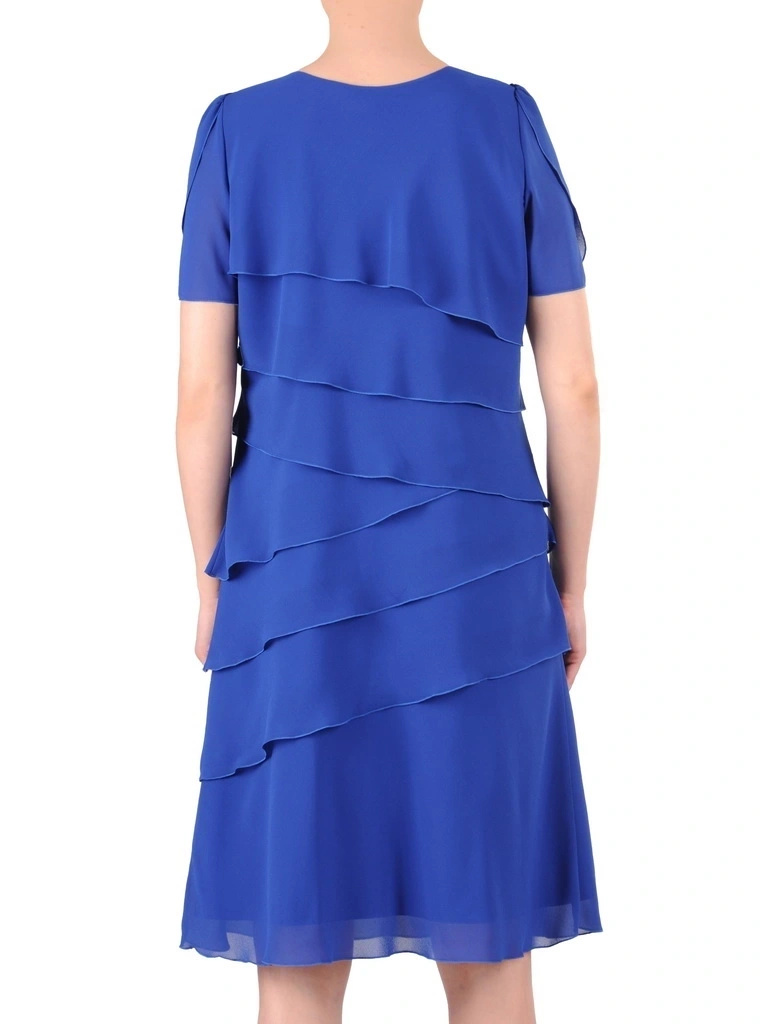 Elegancka chabrowa sukienka trapezowa midi – falbany na rękawach i luźny fason 35219