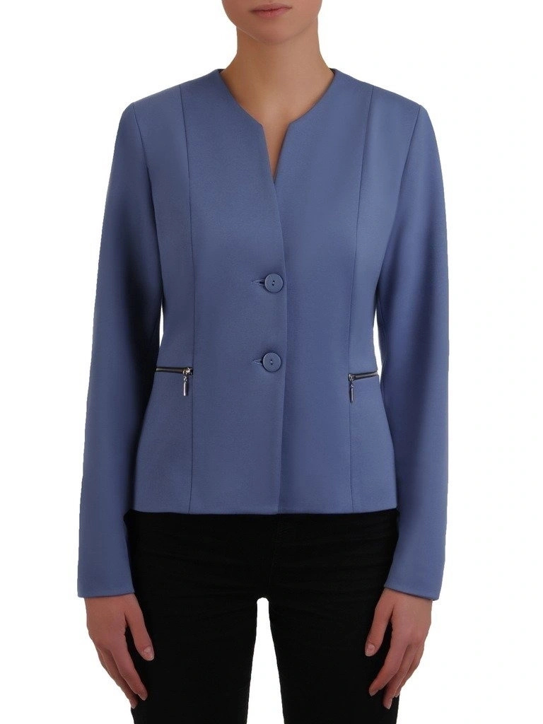 Niebieska marynarka damska do sukienki o prostym kroju – optycznie wyszczuplające pionowe zaszewki 19047
