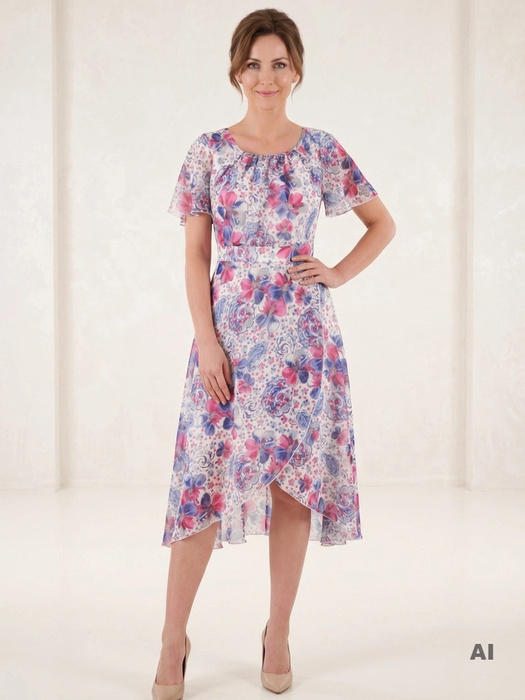 Elegancka sukienka wizytowa w kwiaty midi – rozkloszowany krój pięknie modelujący sylwetkę 39568