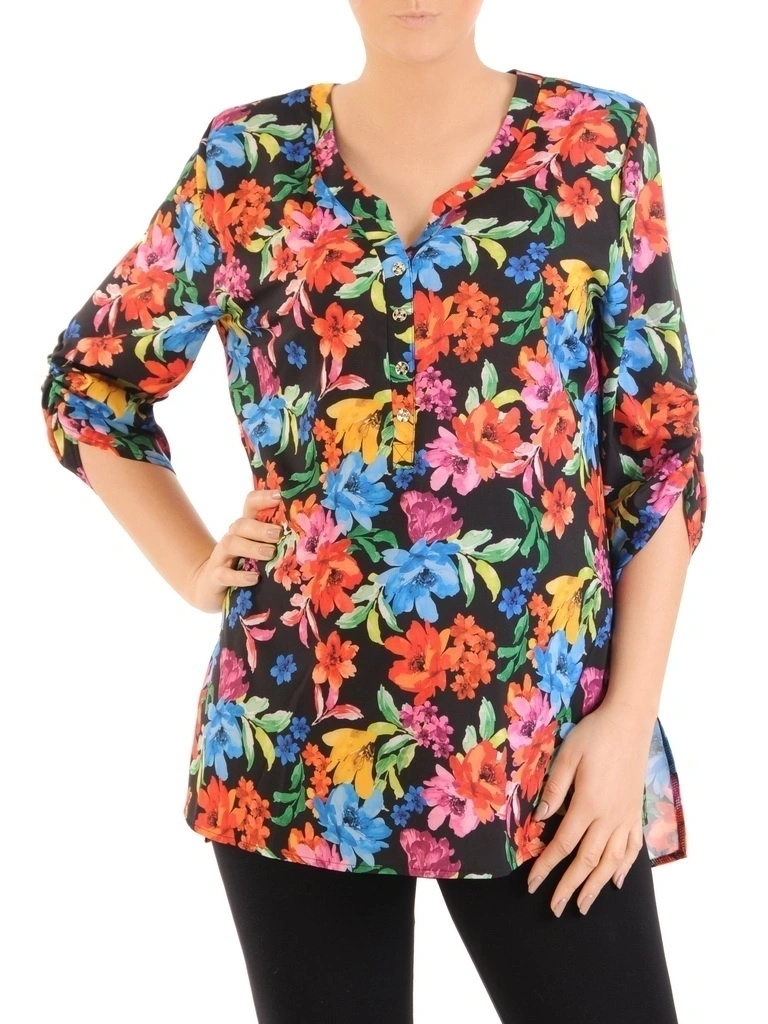 Elegancka bluzka wizytowa trapezowa w kwiaty – wiskozowy fason tuszujący biodra 34762