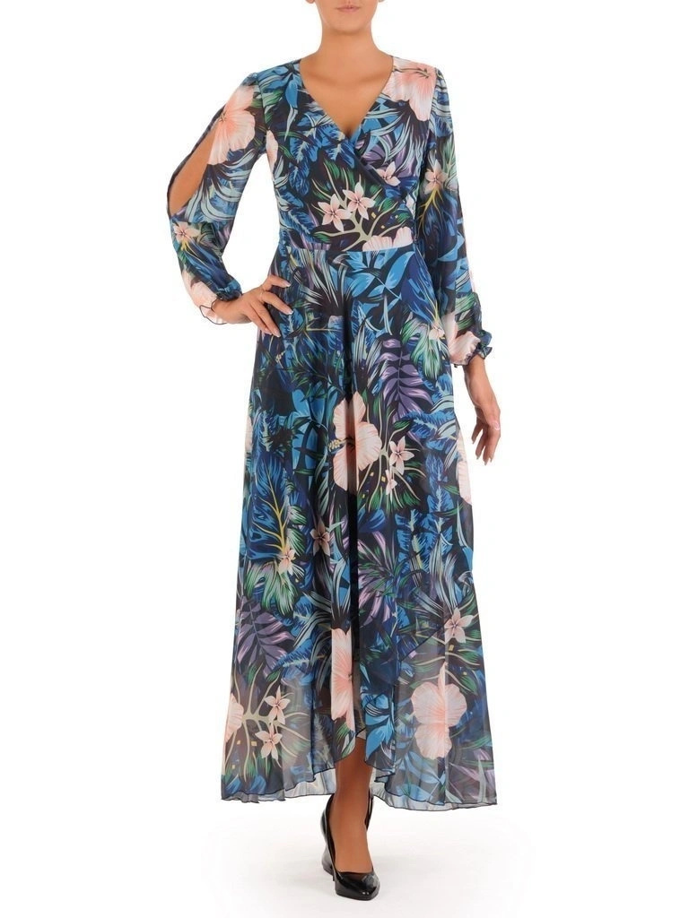 Niebieska rozkloszowana sukienka maxi w kwiaty – zwiewny fason z wiązaniem modelujący sylwetkę 30017