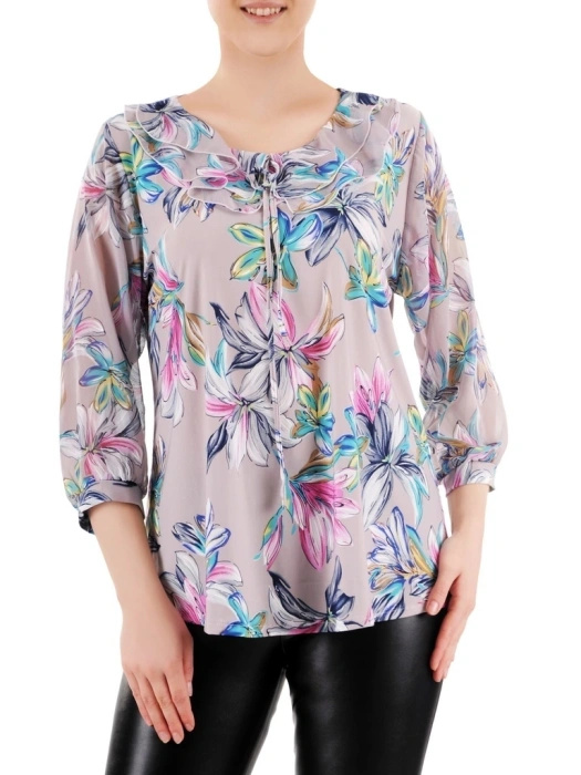 Elegancka szara bluzka wizytowa w kwiaty – prosty fason z szyfonowym detalem 35896
