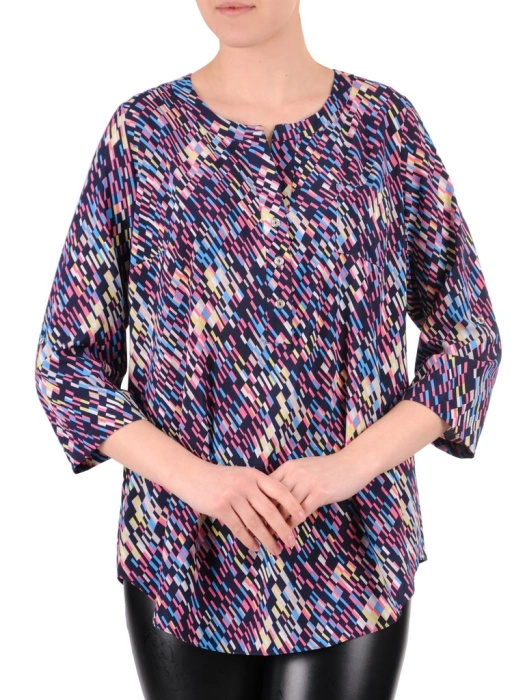 Elegancka bluzka damska wizytowa w wielobarwny print – prosty krój z ozdobnymi guzikami 35206