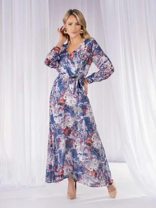 Rozkloszowana sukienka maxi w motyw floralny i panterkę – pasek w talii i kopertowy dekolt 38022