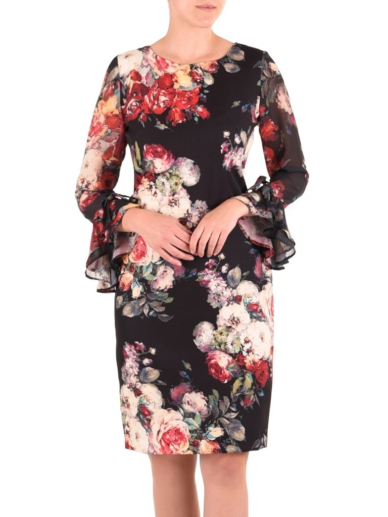Elegancka czarna sukienka w kwiaty na andrzejki – prosty fason tuszujący sylwetkę 26983