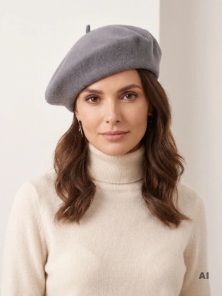 Szary beret damski wełniany w stylu francuskim – ciepłe i stylowe nakrycie głowy z antenką 40865