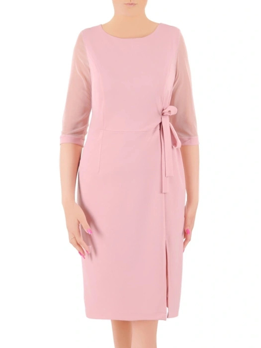 Elegancka sukienka midi z rękawem 3/4 w odcieniu brudnego różu – prosty krój podkreślający talię 36223