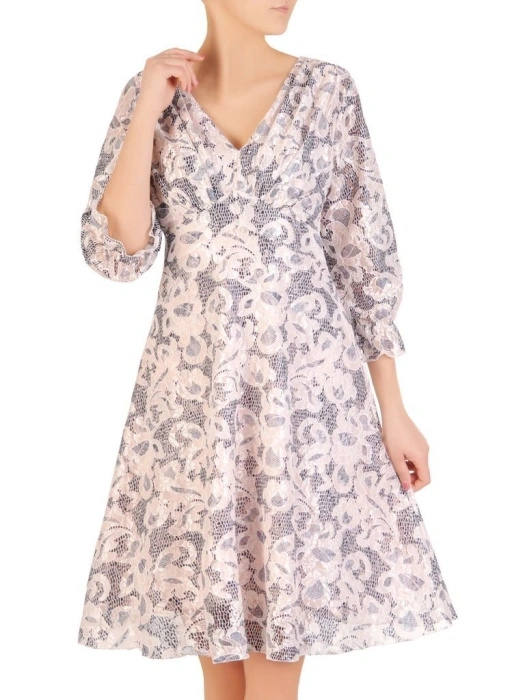 Elegancka sukienka rozkloszowana midi w kwiaty – zwiewne rękawy 3/4 modelujące sylwetkę 29345