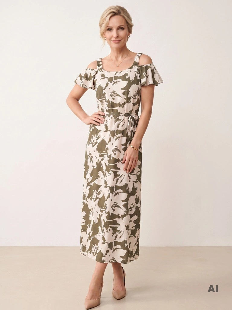 Elegancka sukienka trapezowa maxi w kwiaty khaki – wiskozowy model z paskiem modelującym talię 42085
