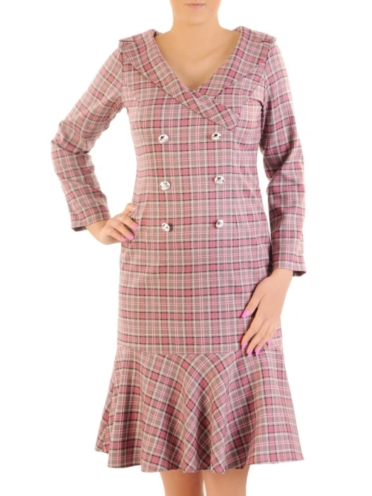 Elegancka szara sukienka biurowa w kratkę midi – fason syrenka z ozdobną falbaną i guzikami 35032