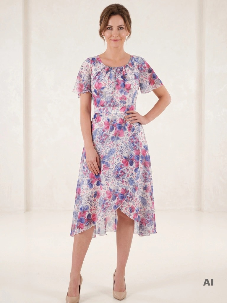 Elegancka sukienka wizytowa w kwiaty midi – rozkloszowany krój pięknie modelujący sylwetkę 39568