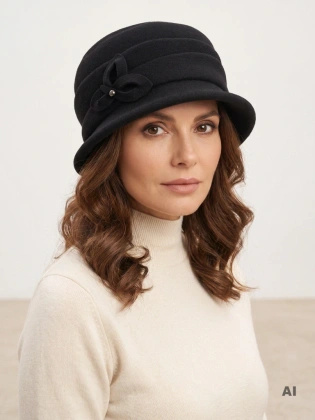 Elegancki czarny kapelusz damski cloche z ociepleniem – stylowy model z ozdobnym kwiatem z filcu i regulacją 40518