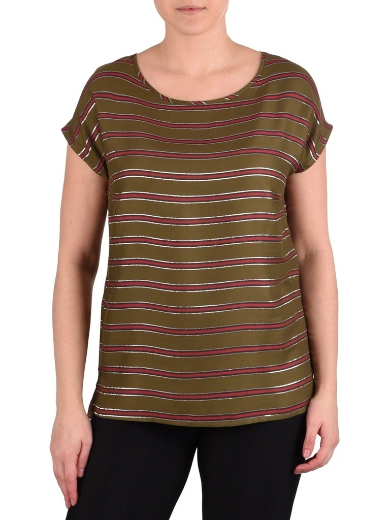 Elegancka bluzka wiskozowa w paski khaki – prosty fason ze srebrną nitką 41443