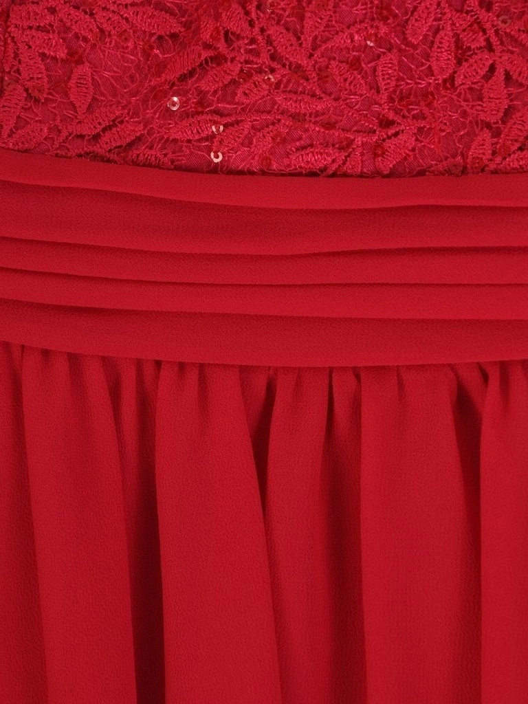 Elegancka malinowa kreacja wieczorowa i na wesele – rozkloszowany fason z dekoltem serek wyszczuplający talię 22679