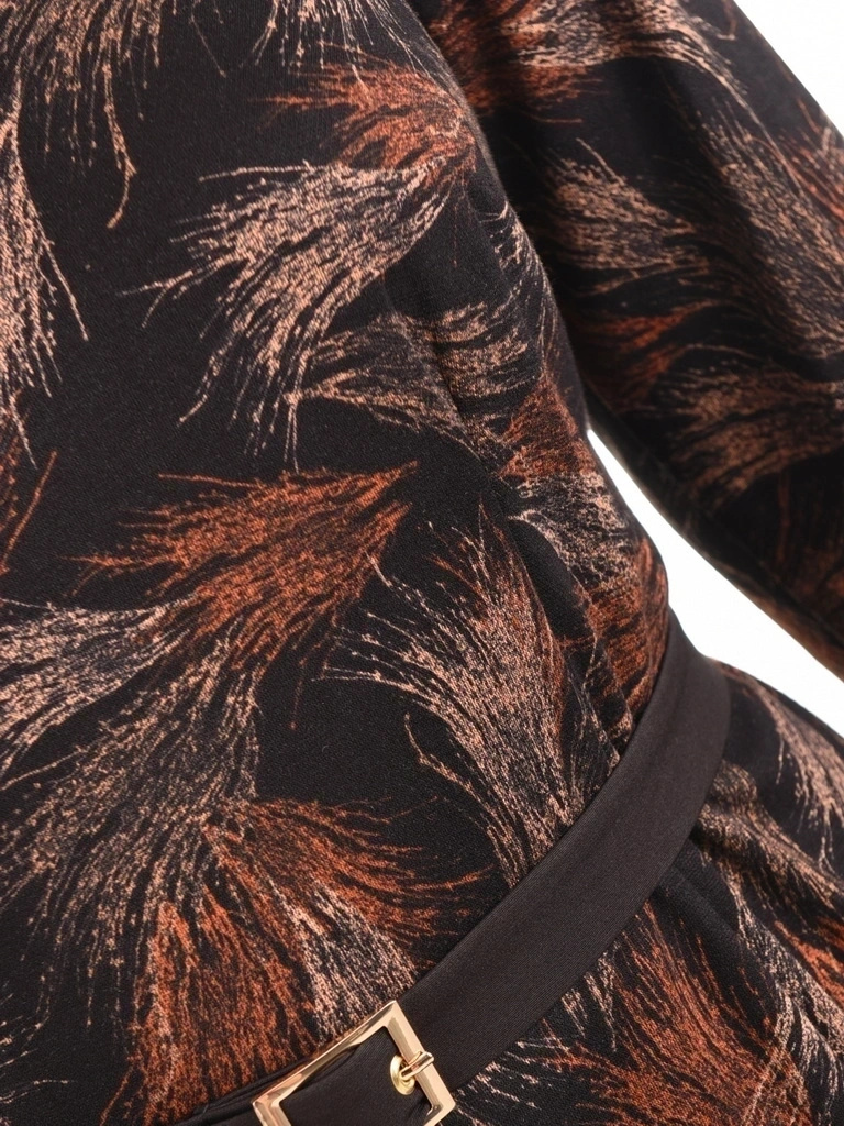 Rozkloszowana sukienka jesienna maxi z rękawem 3/4 – stylowy print i pasek podkreślający talię 40295