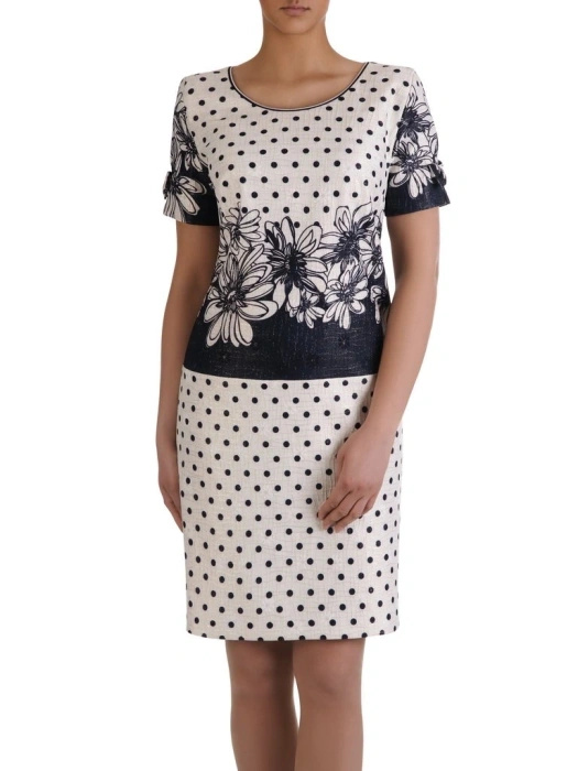 Prosta sukienka letnia midi w kwiaty i grochy – elegancki model z kokardami na rękawach 15588