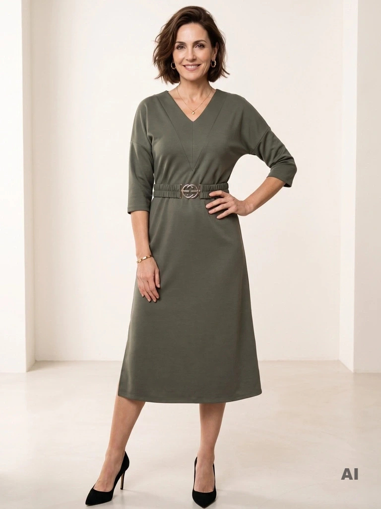 Elegancka sukienka khaki trapezowa z paskiem i rękawem 3/4 – swobodny krój midi z bocznymi rozcięciami 39476