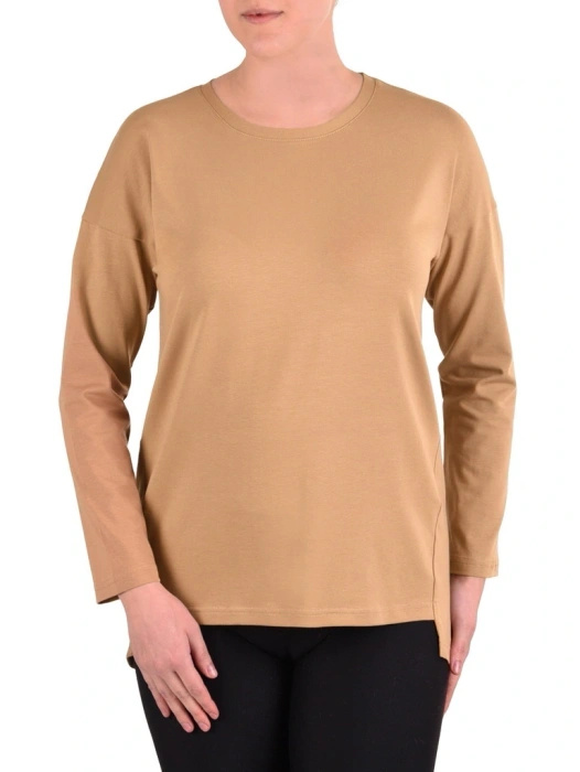 Elegancka bluzka bawełniana z długim rękawem camel – prosty fason z przedłużanym tyłem 41543
