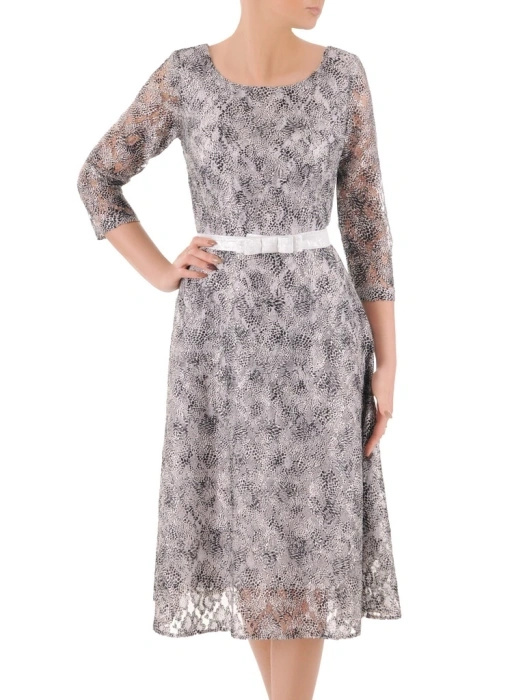 Elegancka sukienka rozkloszowana midi z rękawem 3/4 – stylowy czarno-biały wzór z paskiem w talii 37665