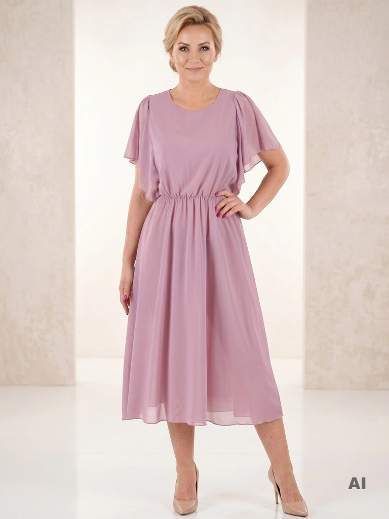 Wrzosowa sukienka midi z falbanami na lato – rozkloszowany fason z gumką w pasie 36220
