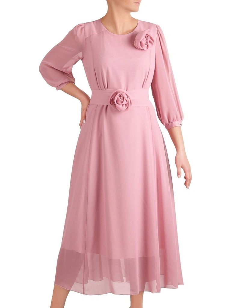 Rozkloszowana sukienka maxi w odcieniu brudnego różu – elegancki fason z rękawem 3/4 wysmuklający talię 41269