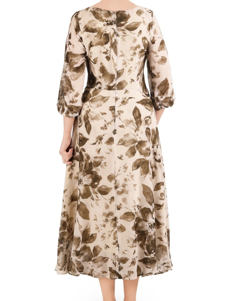Damska sukienka maxi w jesienne kwiaty khaki – rozkloszowany fason tuszujący biodra 41299
