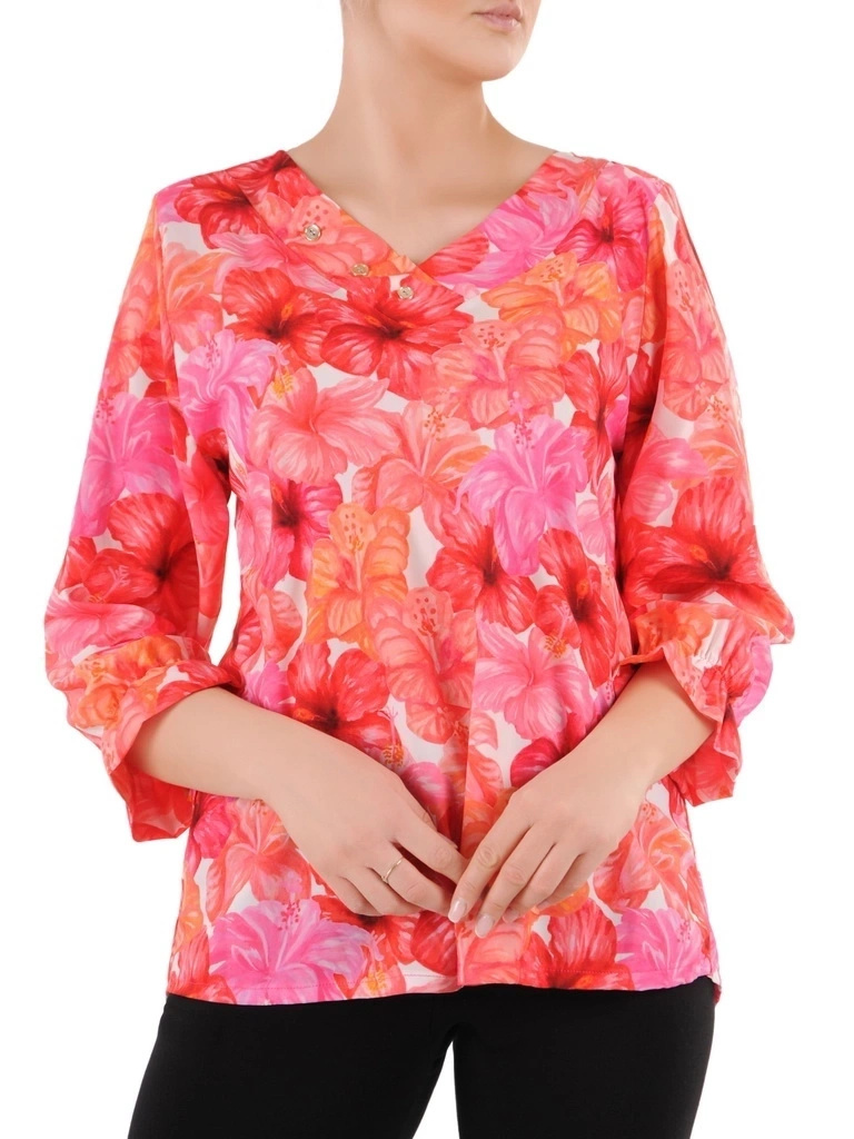 Elegancka czerwona bluzka damska w kwiaty o prostym kroju – stylowy model z dekoltem w serek 35754