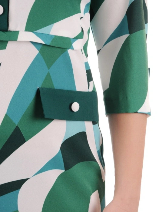 Zielona sukienka midi w geometryczny print – tuszujący prosty krój z ozdobnymi patkami 35505