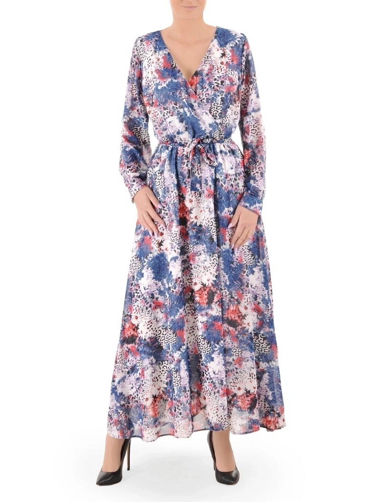 Elegancka sukienka rozkloszowana maxi we wzory – wysmuklający fason z długim rękawem 38022