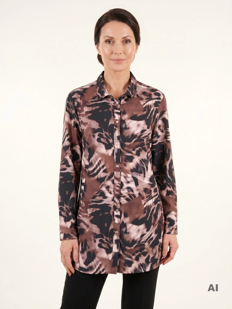 Elegancka koszula damska w zwierzęcy print – prosty fason z kołnierzykiem i rozcięciami 37379