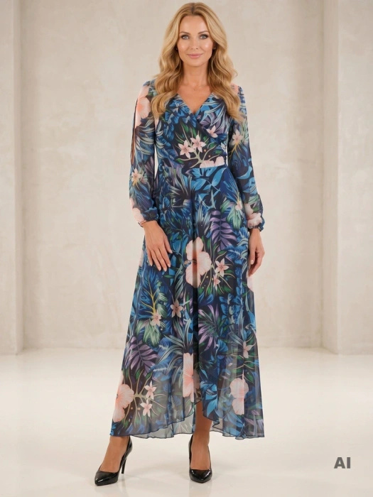 Niebieska rozkloszowana sukienka maxi w kwiaty – zwiewny fason z wiązaniem modelujący sylwetkę 30017