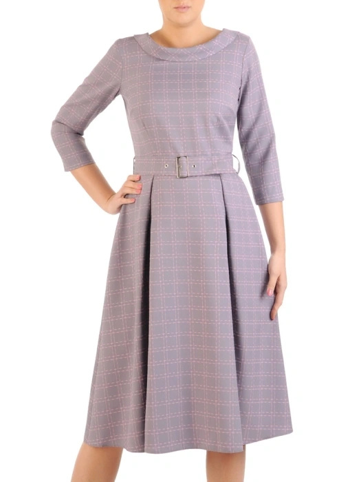 Elegancka szara sukienka w kratkę z paskiem i kołnierzykiem – rozkloszowany dół z kontrafałdami 34194
