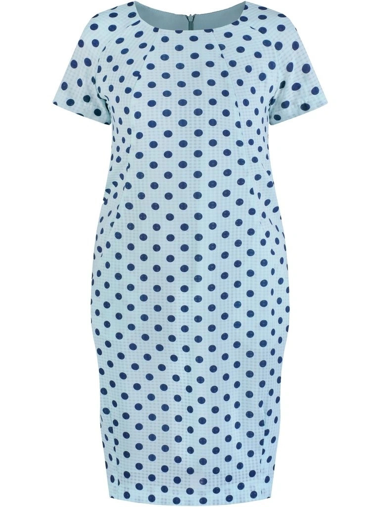 Granatowa sukienka midi w grochy z dekoltem łódka – prosty krój z praktycznymi kieszeniami 10629