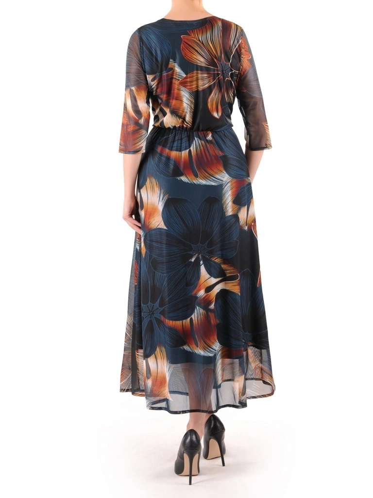 Elegancka czarna sukienka rozkloszowana maxi w kwiaty – wygodna gumka w pasie akcentująca talię 37082