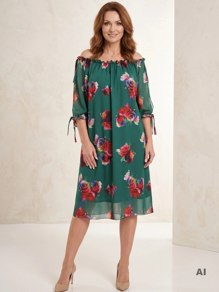 Elegancka sukienka midi w kwiaty z falbaną – prosty krój z paskiem modelującym sylwetkę 36399
