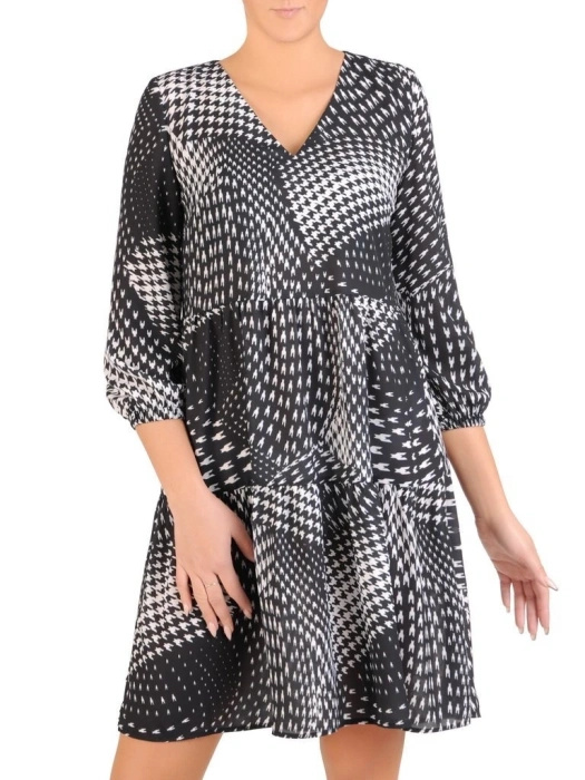 Elegancka sukienka trapezowa midi w biały wzór – kobiecy krój z rękawem 3/4 27826