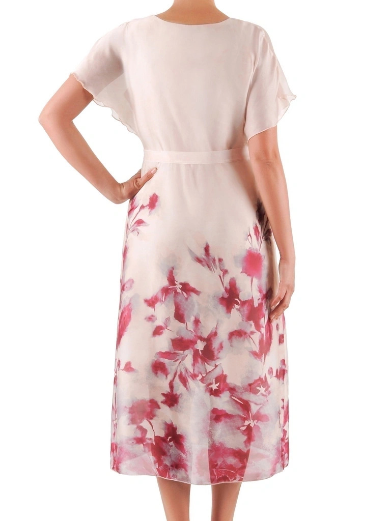 Elegancka sukienka trapezowa midi w kwiaty – modny krój z paskiem podkreślającym talię 39854